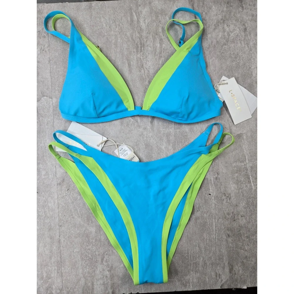 NEW LSpace Finneas Bikini Set M Blue Green Colorblock Beach Pool Cheeky Swimwear